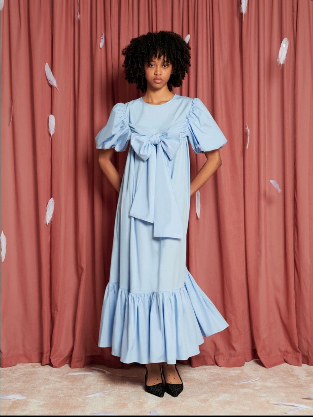 Sister Jane Light Blue Puff-Sleeve Bow Midi Dress
